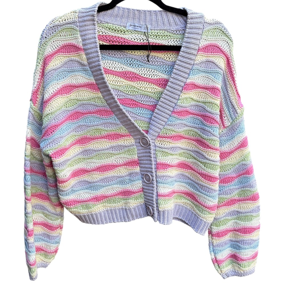 Womens Medium Cardigan Sweater Pastel Striped Open Knit Cropped‎ Easter Spring